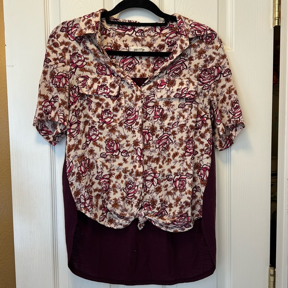 Porridge Mixed Media Short-Sleeve Blouse